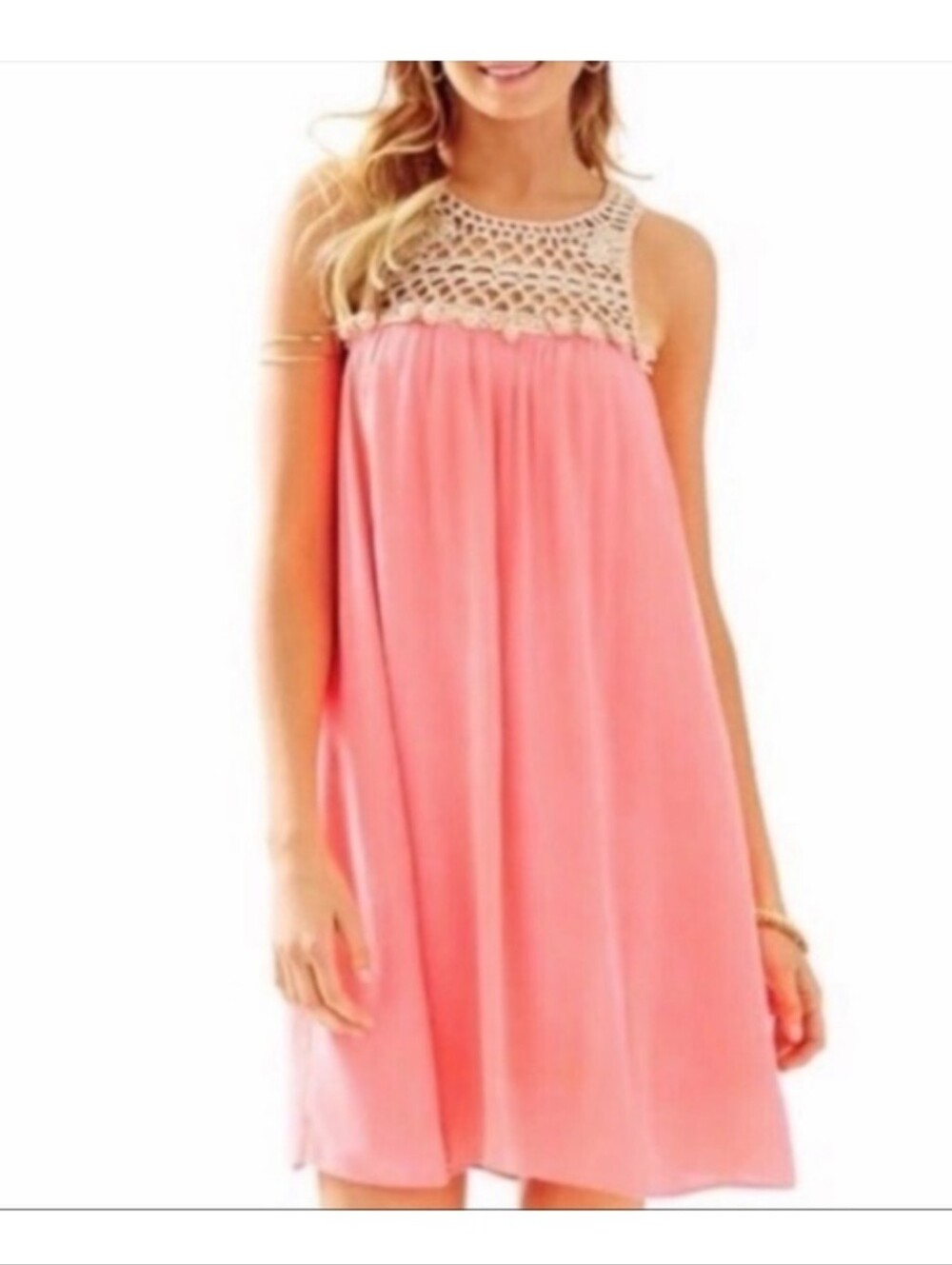 Lilly Pulitzer Coral Pink Rachelle Dress with Cream And Gold Crochet Yoke -Large